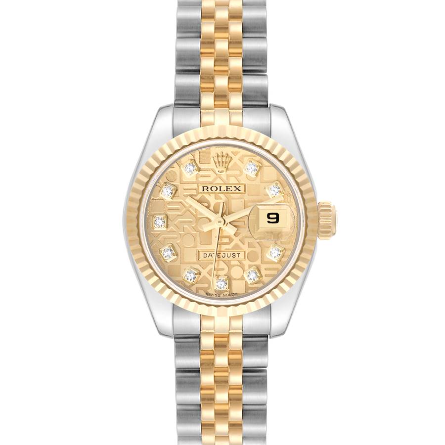 The Rolex Datejust watch is shown from a top view, displaying the full face, bezel, and part of the Jubilee bracelet.